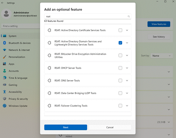 Resultat de cerca RSAT en les carecterístiques opcional i selecció de RSAT AD DS