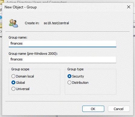 Creació grup finances dins de la OU de central.